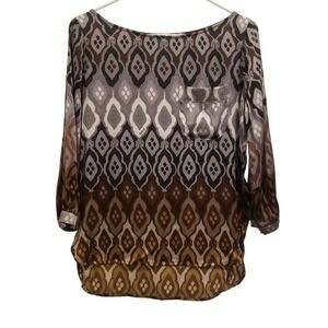 Hale Bob Women's XS Silk Diamond Print‎ Pocket Blouse Long Sleeve Casual Top
